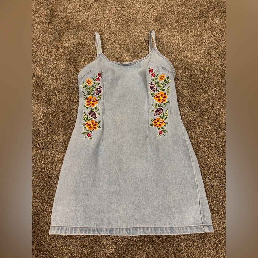 Forever 21 Light Wash Denim Mini Dress with Yellow & Purple Floral Embroidery